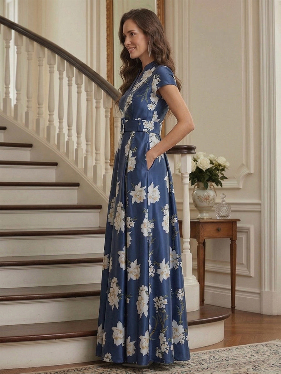 A-Line/Princess V-Neck Short Sleeves Ankle-Length Mother of the Bride Dresses with Belt