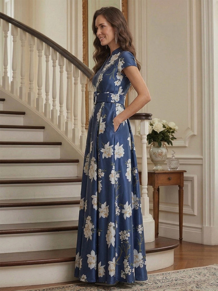 A-Line/Princess V-Neck Short Sleeves Ankle-Length Mother of the Bride Dresses with Belt