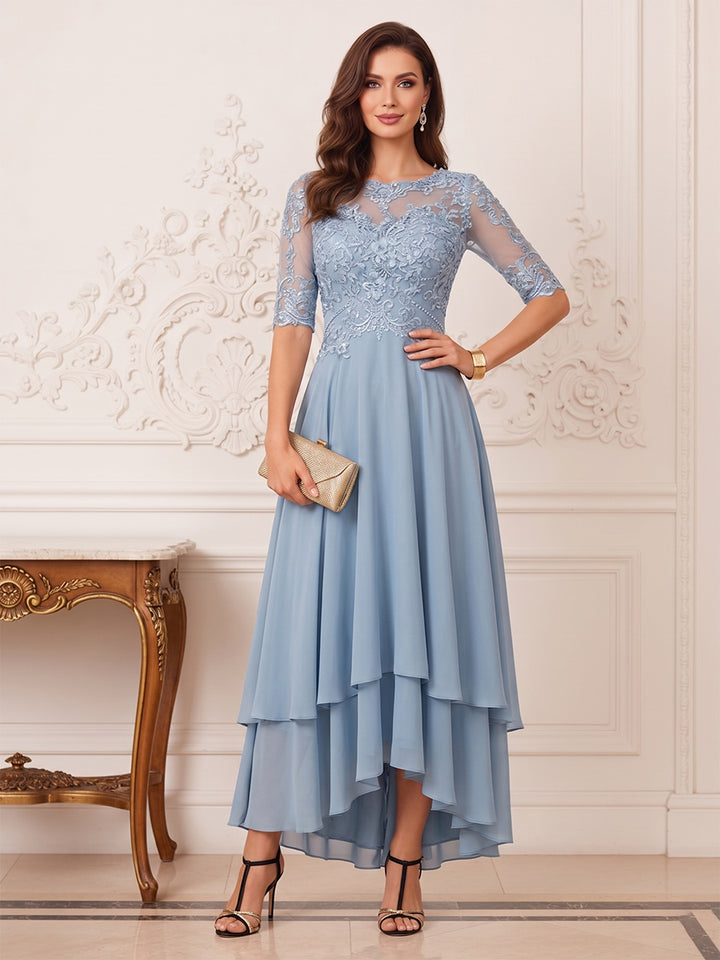A-Line/Princess Asymmetrical Half Sleeves Boat Neck Mother of the Bride Dresses with Applique &amp; Ruffles