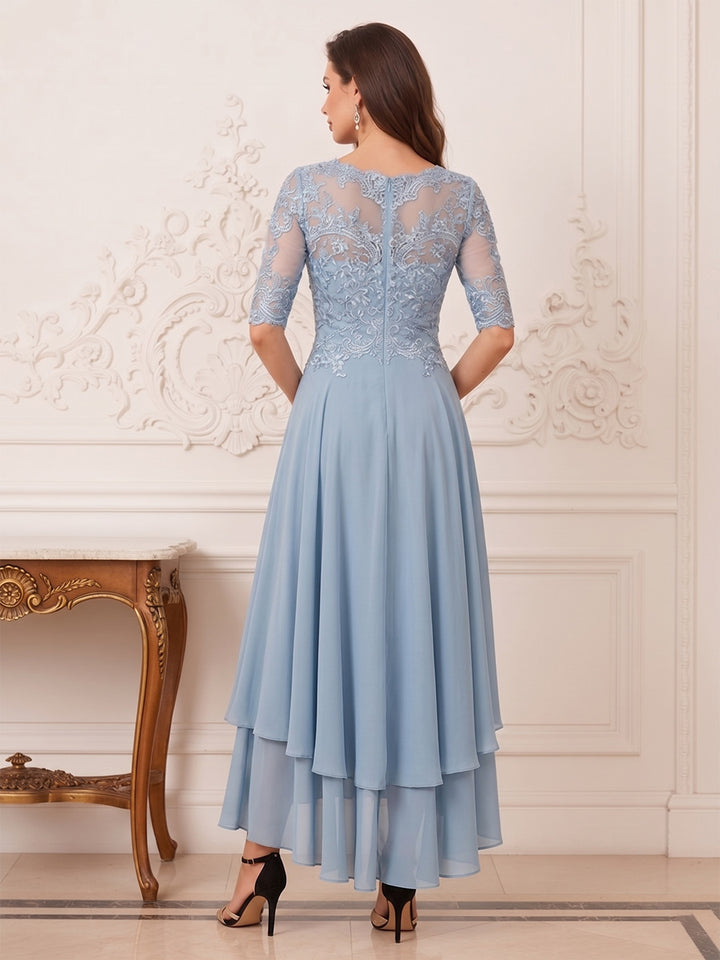 A-Line/Princess Asymmetrical Half Sleeves Boat Neck Mother of the Bride Dresses with Applique &amp; Ruffles