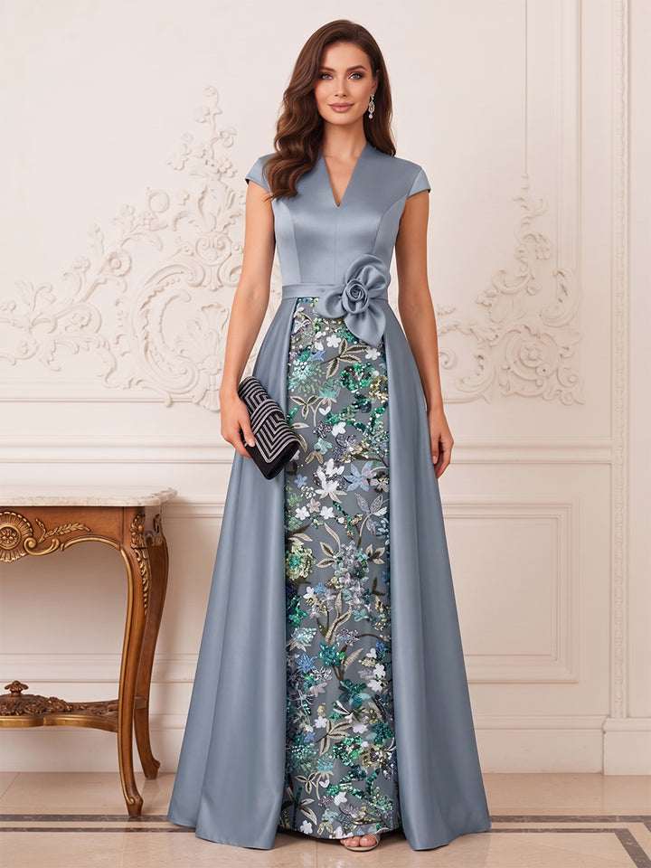 Sheath/Column Short Sleeves V Neck Floor Length Mother of the Bride Dresses with Embroidery &amp; 3D Floral