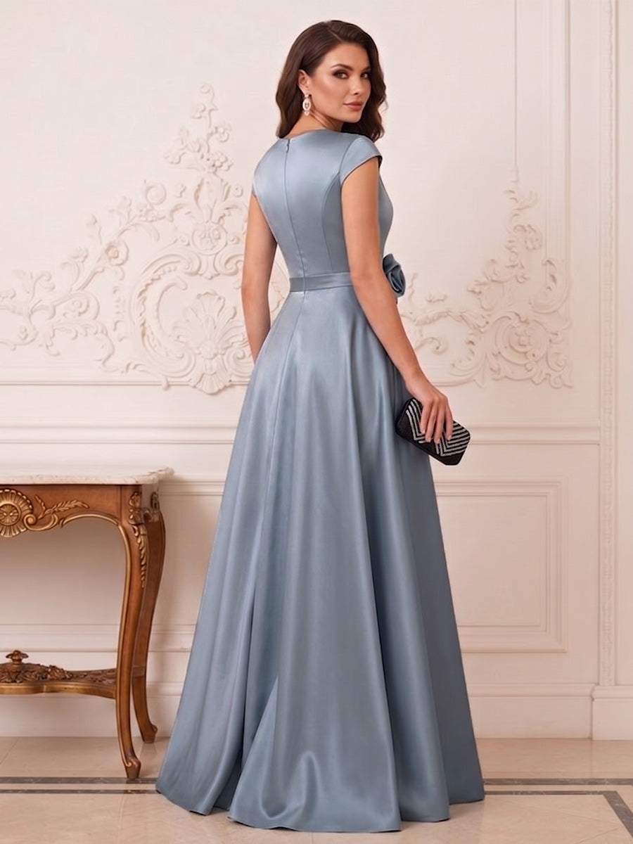 Sheath/Column Short Sleeves V Neck Floor Length Mother of the Bride Dresses with Embroidery &amp; 3D Floral