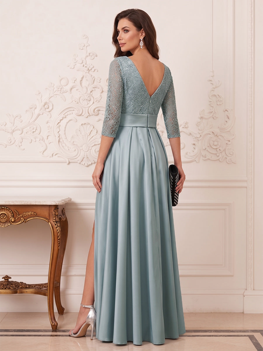 A-Line/Princess Scoop 3/4 Sleeves Floor-Length Mother of the Bride Dresses with Lace &amp; Split Side
