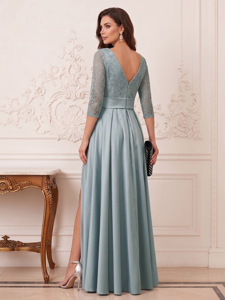 A-Line/Princess Scoop 3/4 Sleeves Floor-Length Mother of the Bride Dresses with Lace &amp; Split Side