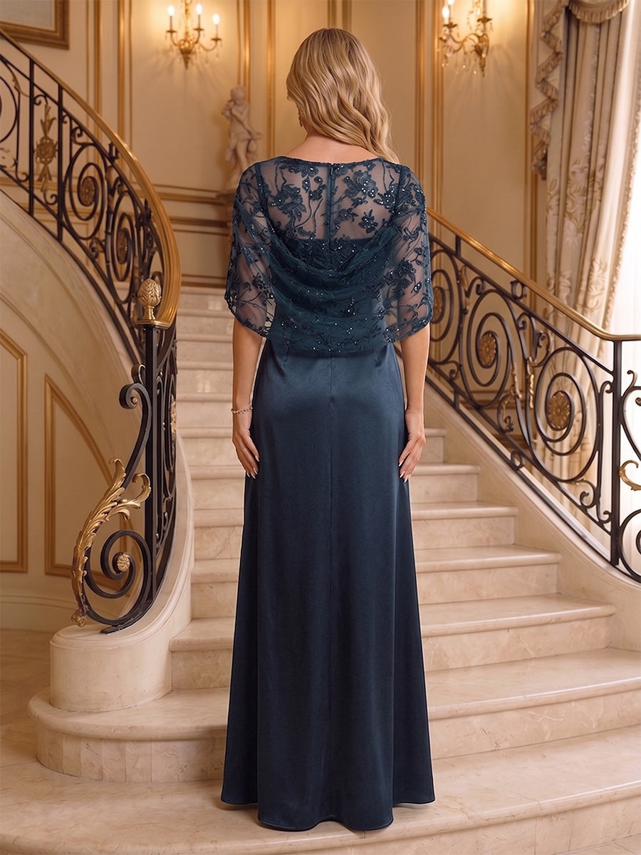 A-Line/Princess Scoop Cap Sleeves Floor-Length Mother of the Bride Dresses with Ruffles &amp; Sequins