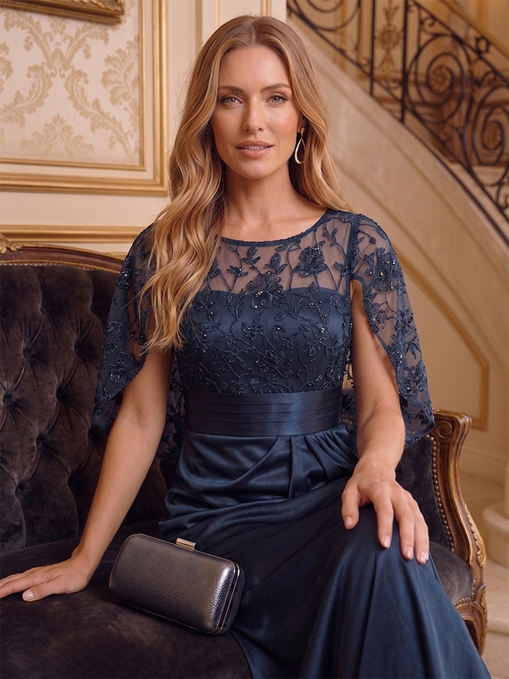 A-Line/Princess Scoop Cap Sleeves Floor-Length Mother of the Bride Dresses with Ruffles &amp; Sequins