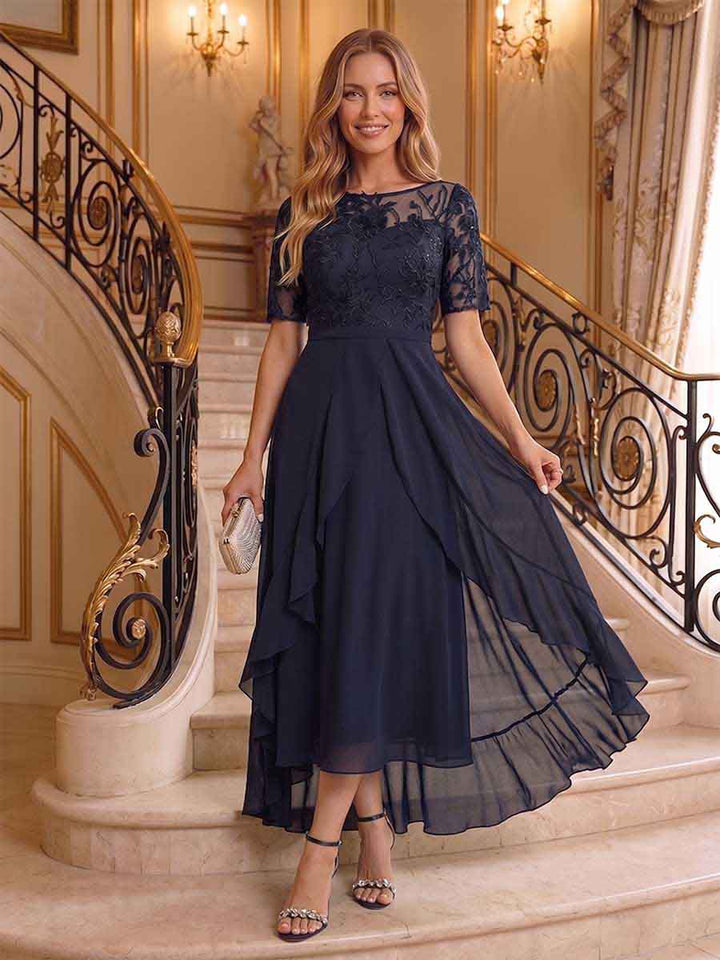 A-Line/Princess Scoop Short Sleeves Asymmetrical Mother of the Bride Dresses with Applique &amp; Ruffles