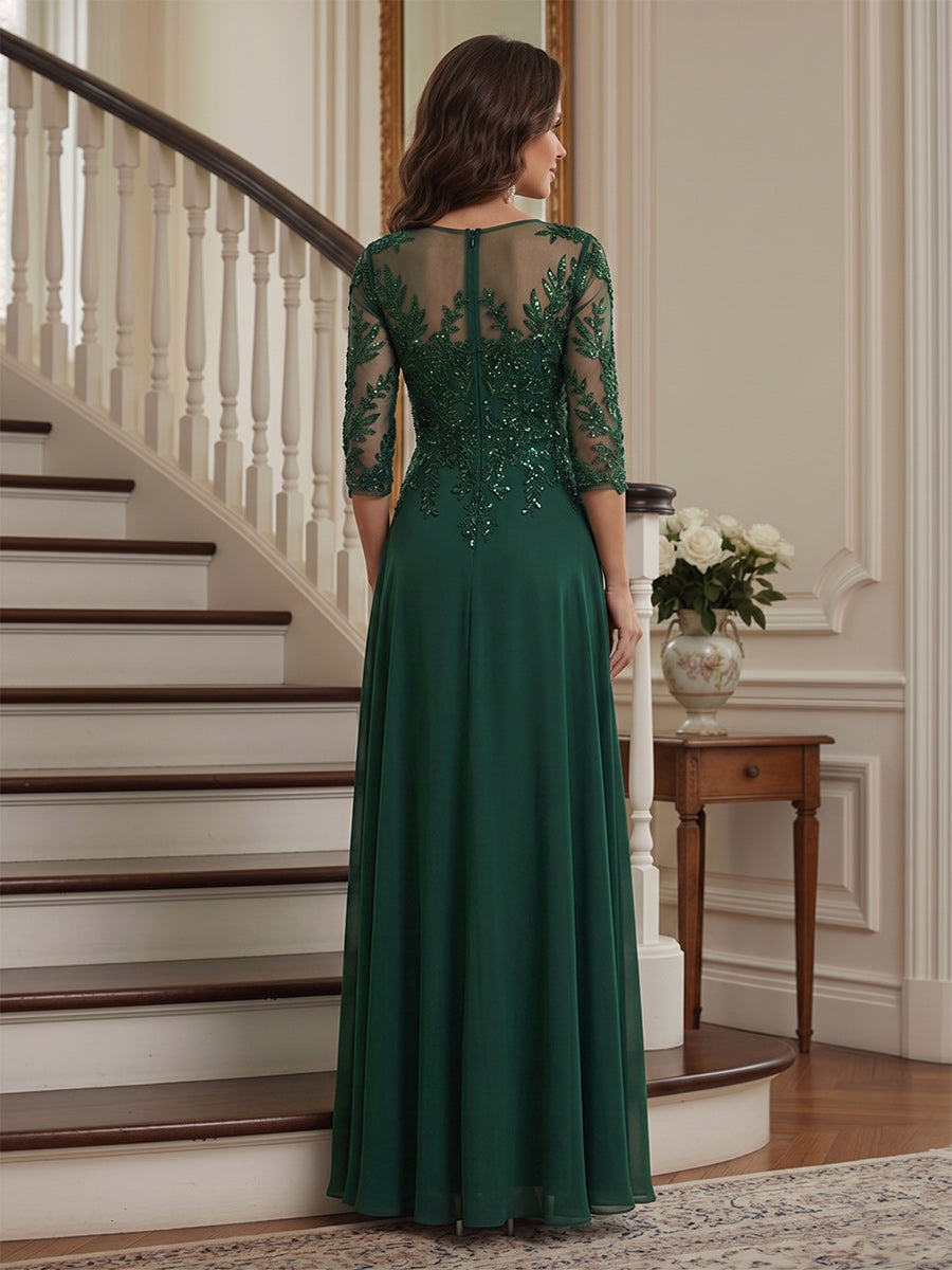 A-Line/Princess V-Neck 3/4 Sleeves Chiffon Asymmetrical Mother of the Bride Dresses with Lace
