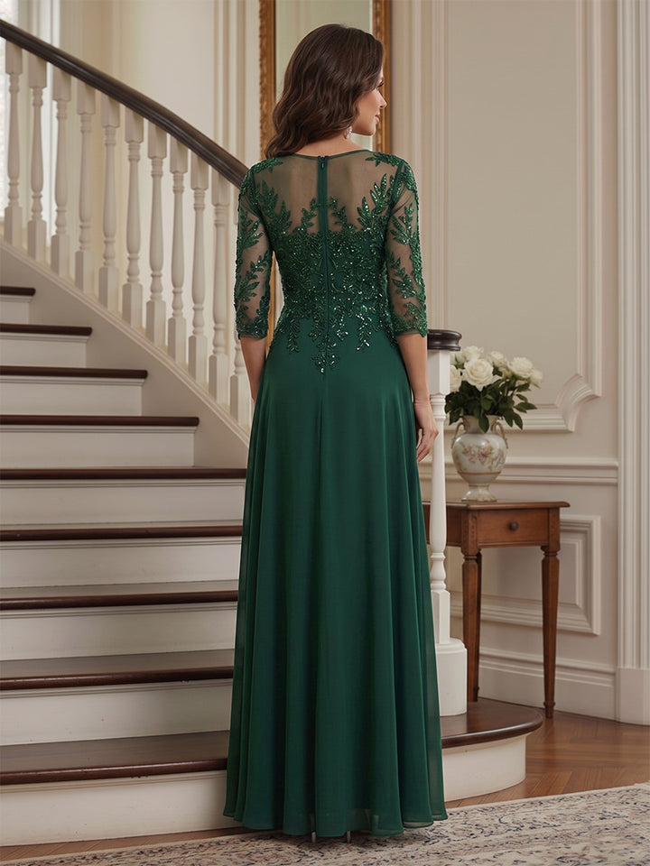 A-Line/Princess V-Neck 3/4 Sleeves Chiffon Asymmetrical Mother of the Bride Dresses with Lace