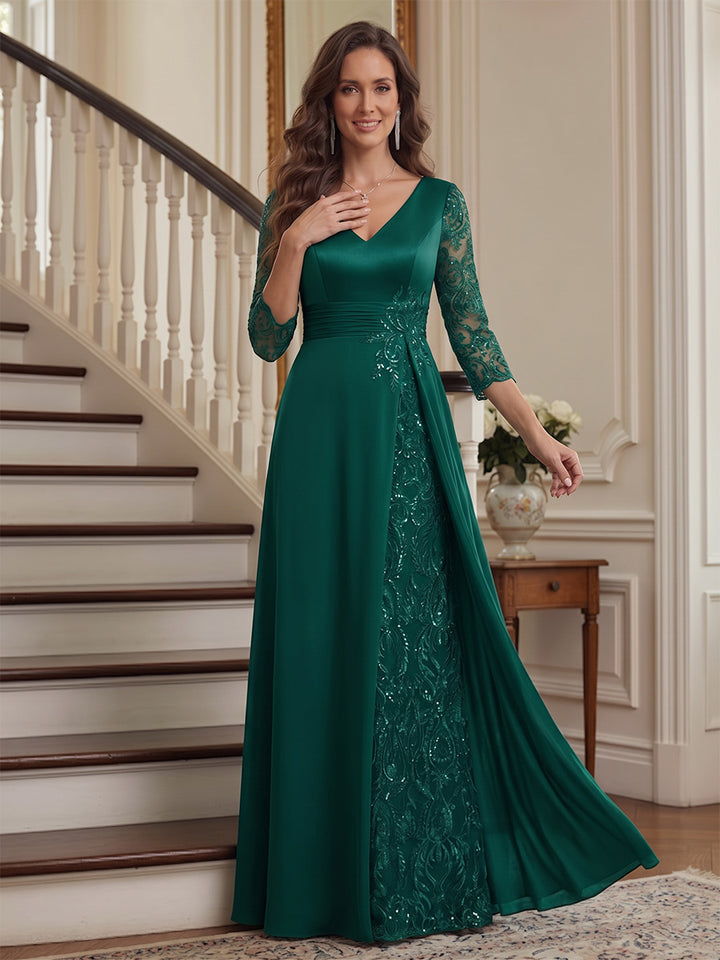 A-Line/Princess V-Neck 3/4 Sleeves Floor-Length Mother of the Bride Dresses with Lace &amp; Appliques
