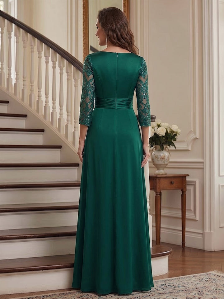 A-Line/Princess V-Neck 3/4 Sleeves Floor-Length Mother of the Bride Dresses with Lace &amp; Appliques