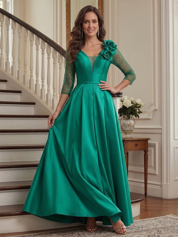 A-Line/Princess V-Neck 3/4 Sleeves Floor-Length Mother of the Bride Dresses with 3D Floral