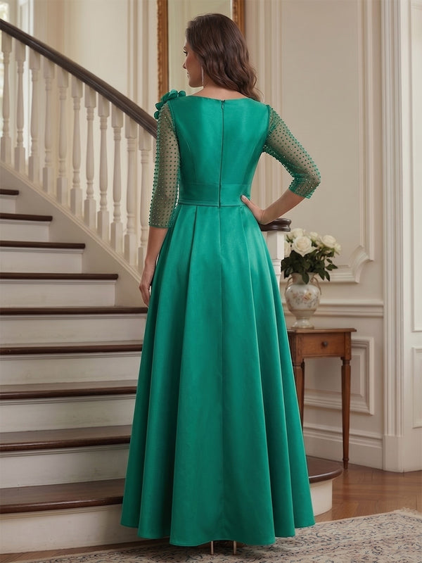 A-Line/Princess V-Neck 3/4 Sleeves Floor-Length Mother of the Bride Dresses with 3D Floral