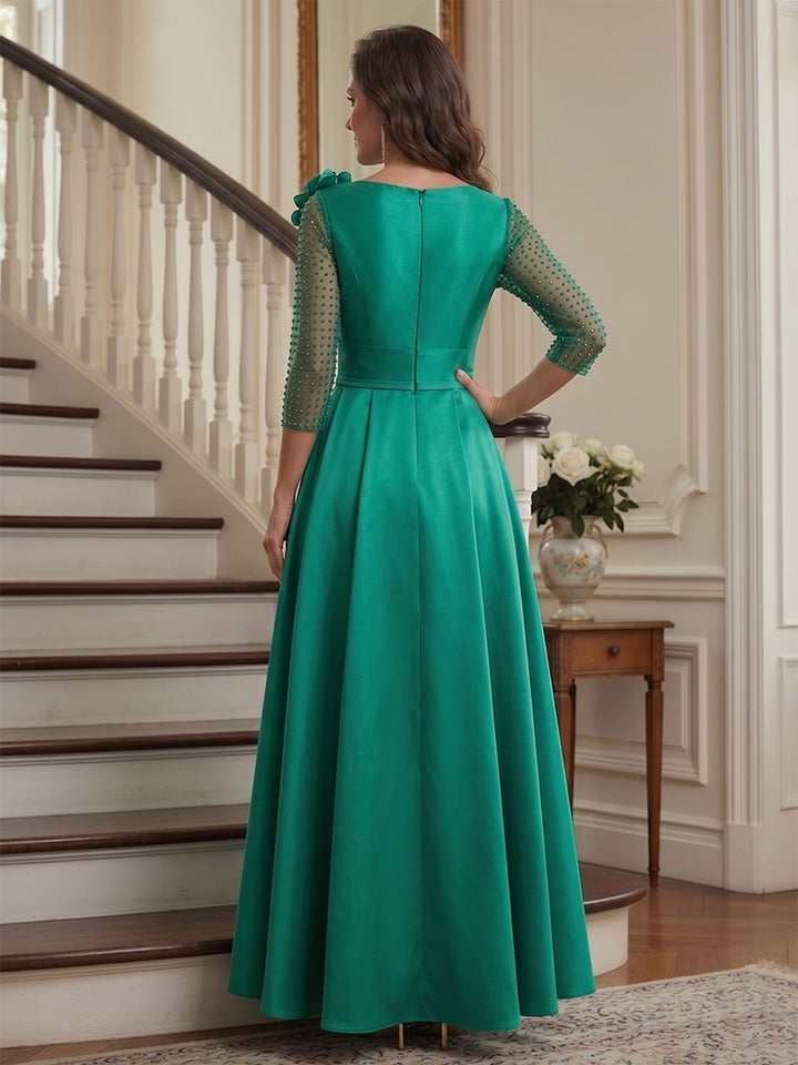 A-Line/Princess V-Neck 3/4 Sleeves Floor-Length Mother of the Bride Dresses with 3D Floral