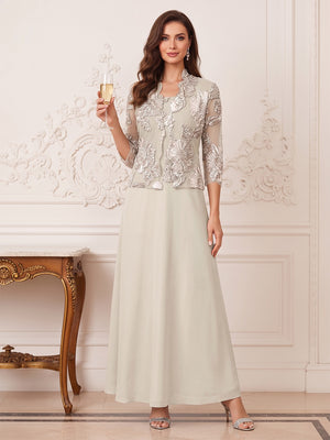 A-Line/Princess 2 Pieces 3/4 Sleeves Boat Neck Ankle Length Mother of the Bride Dresses with Lace