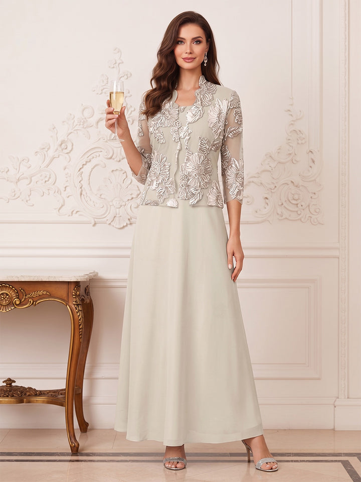 A-Line/Princess 2 Pieces 3/4 Sleeves Boat Neck Ankle Length Mother of the Bride Dresses with Lace