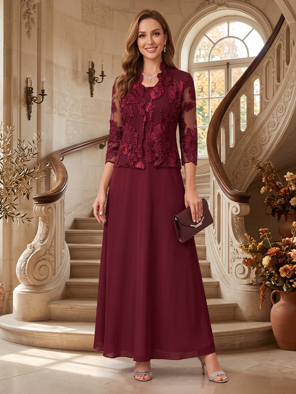 A-Line/Princess 3/4 Sleeves Boat Neck Ankle Length 2 Pieces Mother of the Bride Dresses with Lace