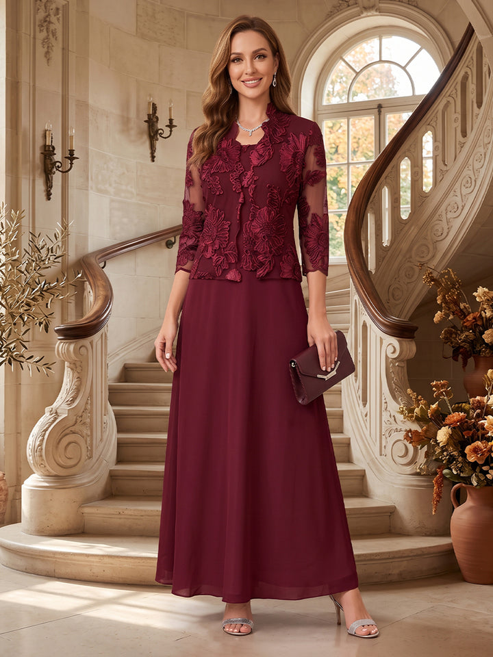 A-Line/Princess 3/4 Sleeves Boat Neck Ankle Length 2 Pieces Mother of the Bride Dresses with Lace