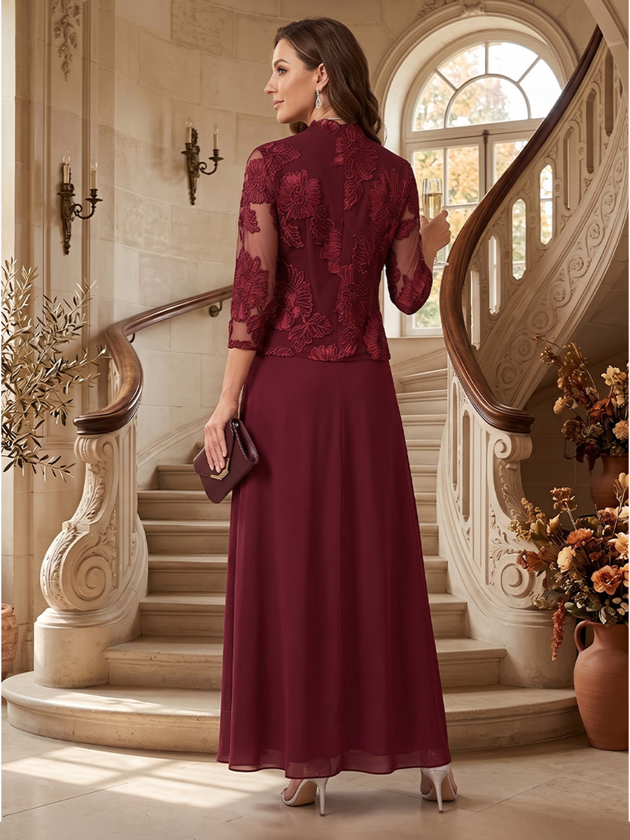 A-Line/Princess 3/4 Sleeves Boat Neck Ankle Length 2 Pieces Mother of the Bride Dresses with Lace