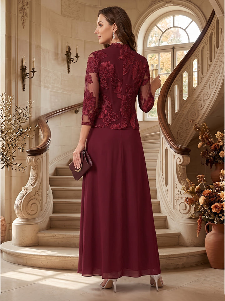 A-Line/Princess 3/4 Sleeves Boat Neck Ankle Length 2 Pieces Mother of the Bride Dresses with Lace