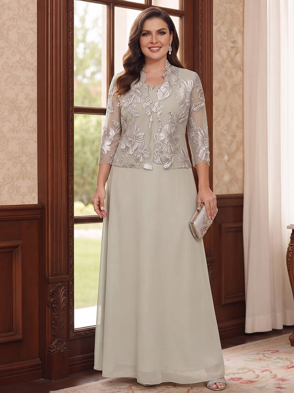 A-Line/Princess Boat Neck 3/4 Sleeves Chiffon Ankle-Length Plus Size Mother of the Bride Dresses with Lace