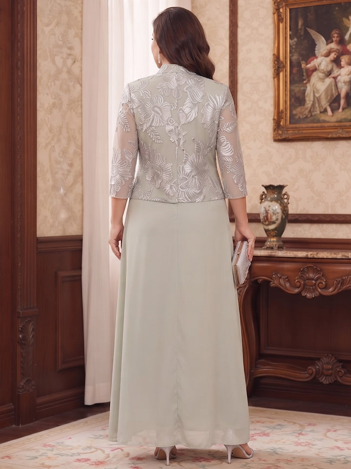 A-Line/Princess Boat Neck 3/4 Sleeves Chiffon Ankle-Length Plus Size Mother of the Bride Dresses with Lace