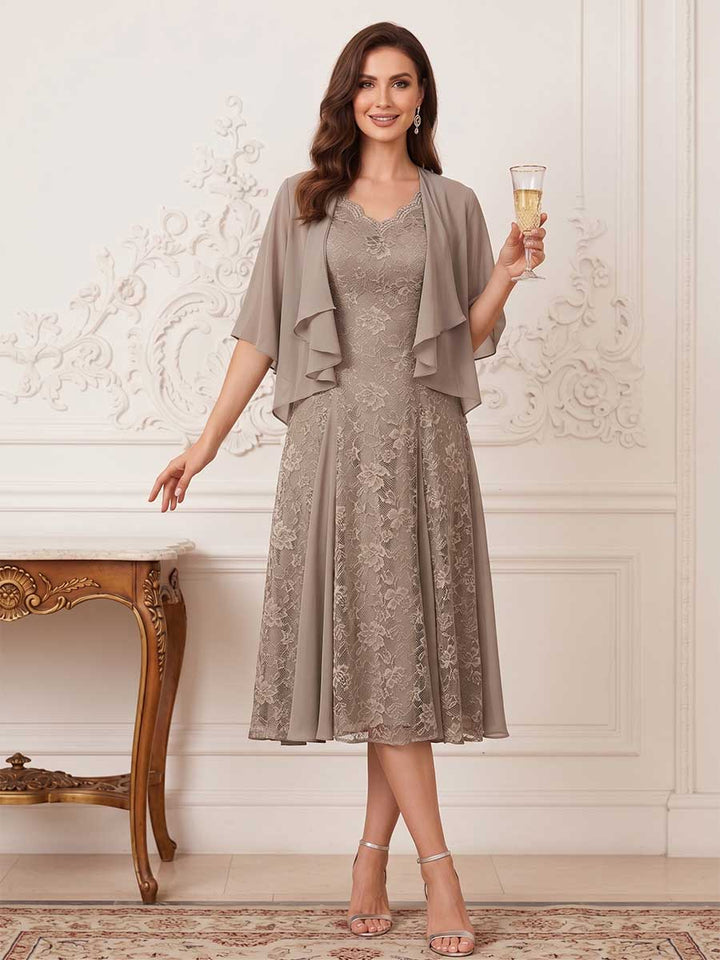 A-Line/Princess Half Sleeves V-Neck Tea-Length Mother of the Bride Dresses with Appliques