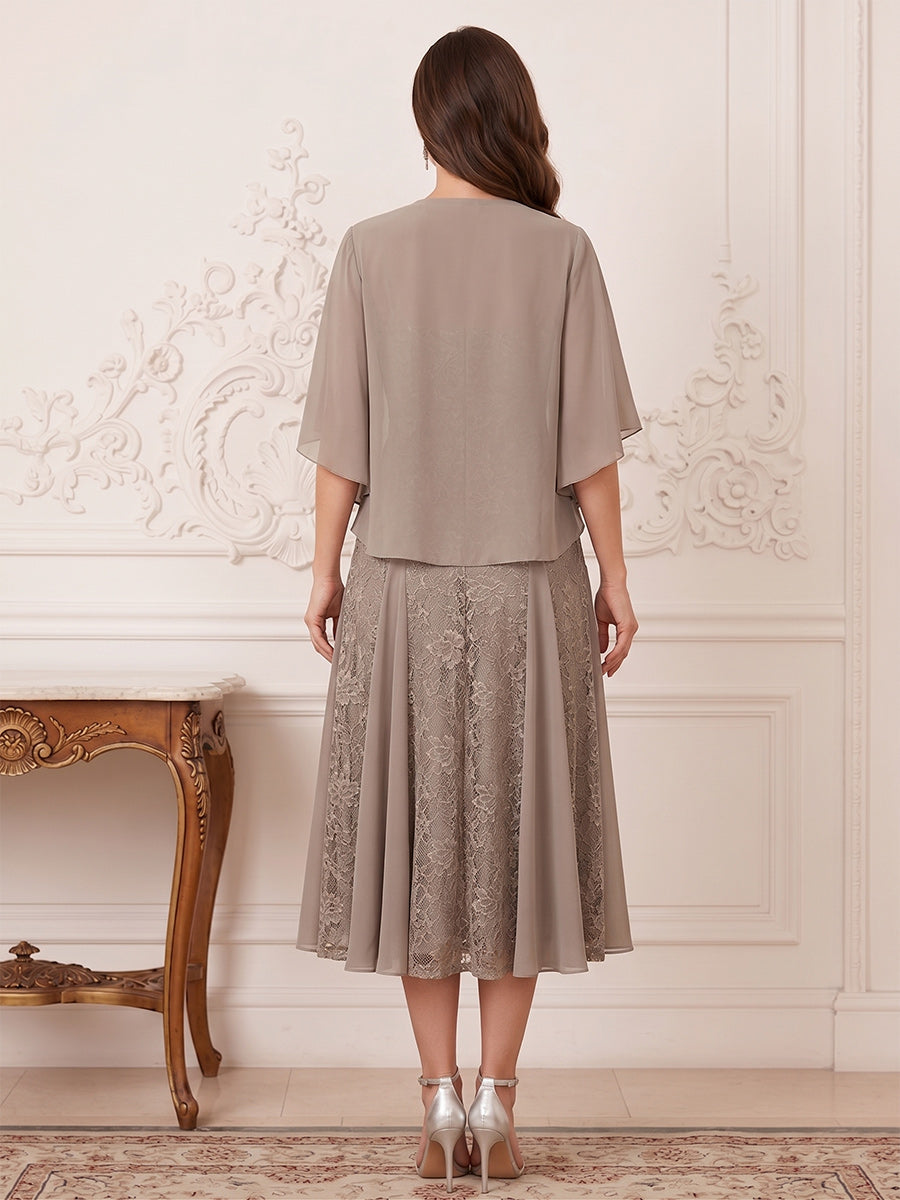 A-Line/Princess Half Sleeves V-Neck Tea-Length Mother of the Bride Dresses with Appliques