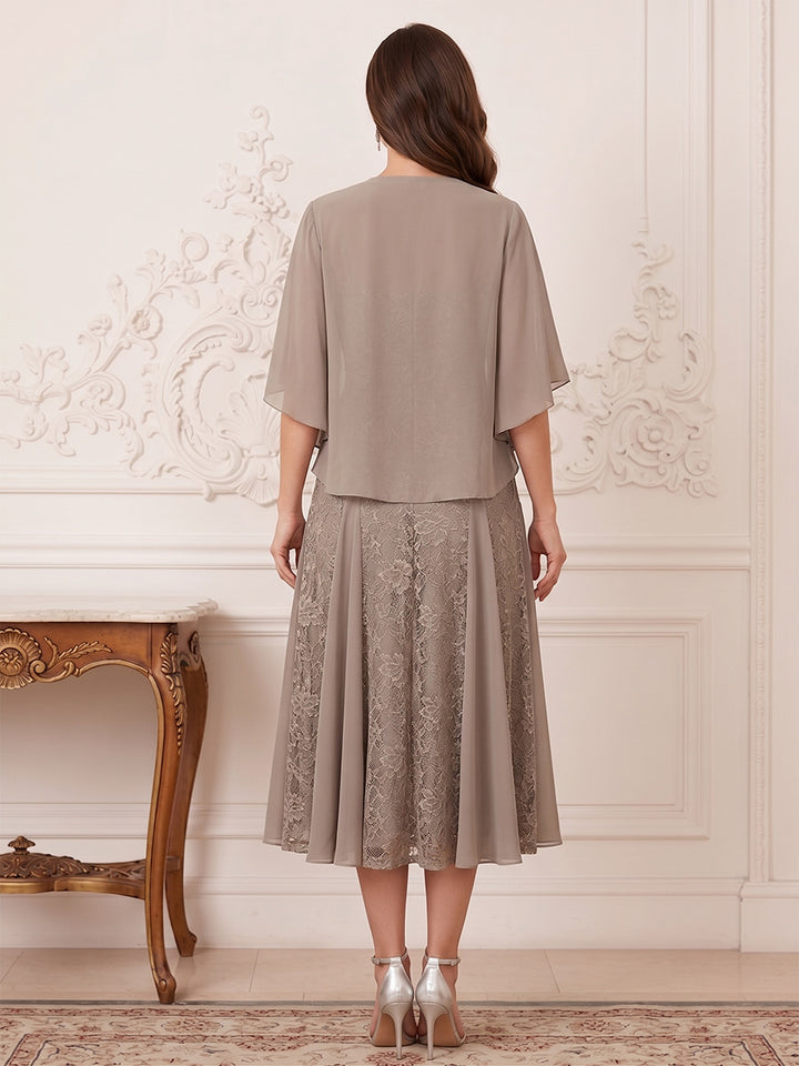 A-Line/Princess Half Sleeves V-Neck Tea-Length Mother of the Bride Dresses with Appliques