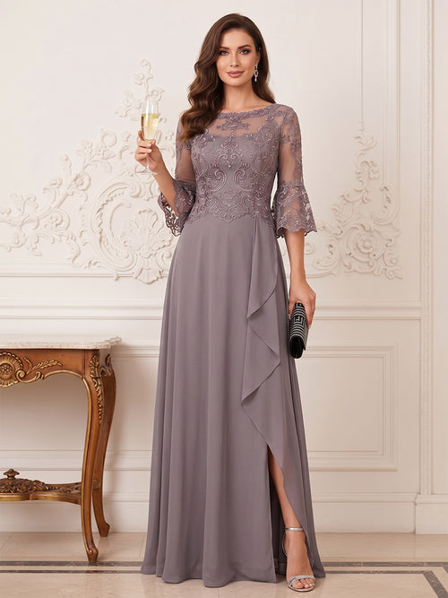 A-Line/Princess Half Sleeves Crew Neck Floor Length Mother of the Bride Dresses with Split Side & Appliques