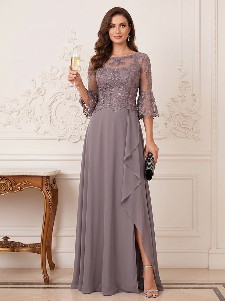 A-Line/Princess Half Sleeves Crew Neck Floor Length Mother of the Bride Dresses with Split Side &amp; Appliques