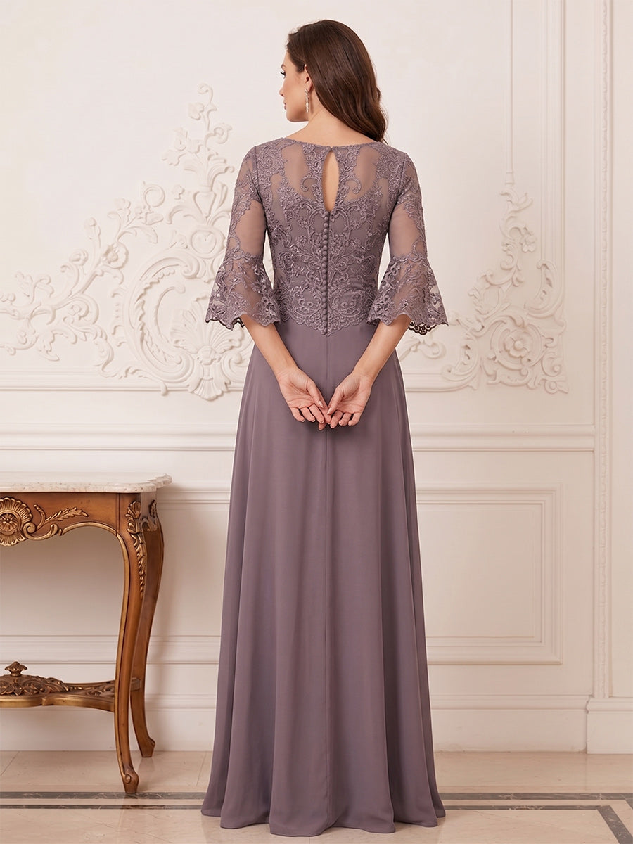 A-Line/Princess Half Sleeves Crew Neck Floor Length Mother of the Bride Dresses with Split Side &amp; Appliques