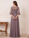 A-Line/Princess Half Sleeves Crew Neck Floor Length Mother of the Bride Dresses with Split Side & Appliques
