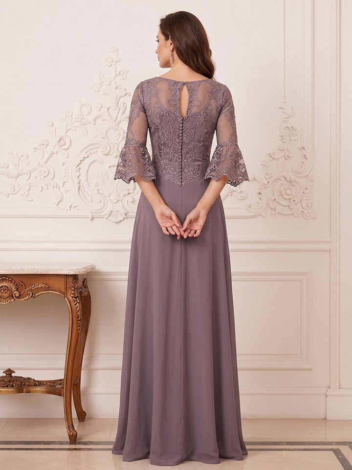 A-Line/Princess Half Sleeves Crew Neck Floor Length Mother of the Bride Dresses with Split Side &amp; Appliques