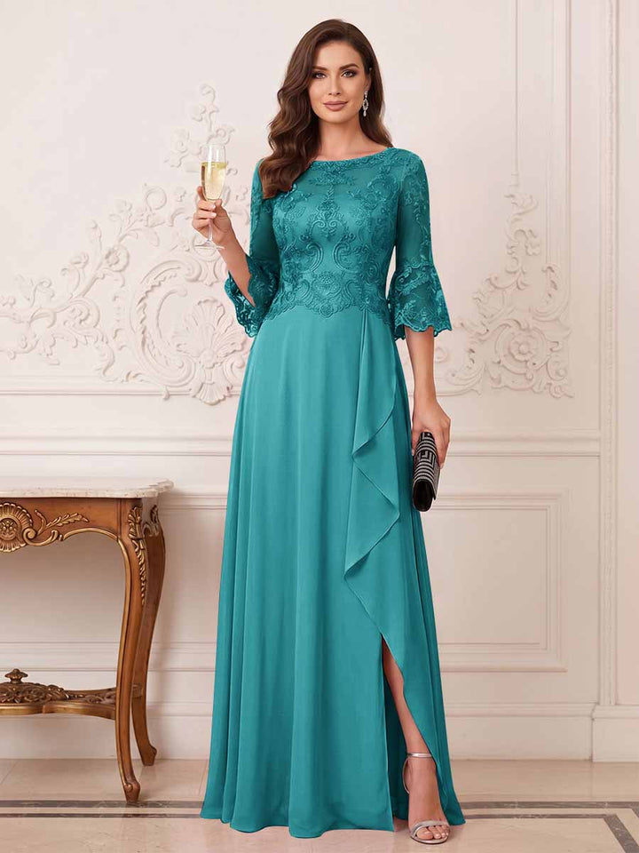A-Line/Princess Half Sleeves Crew Neck Floor Length Mother of the Bride Dresses with Split Side &amp; Appliques