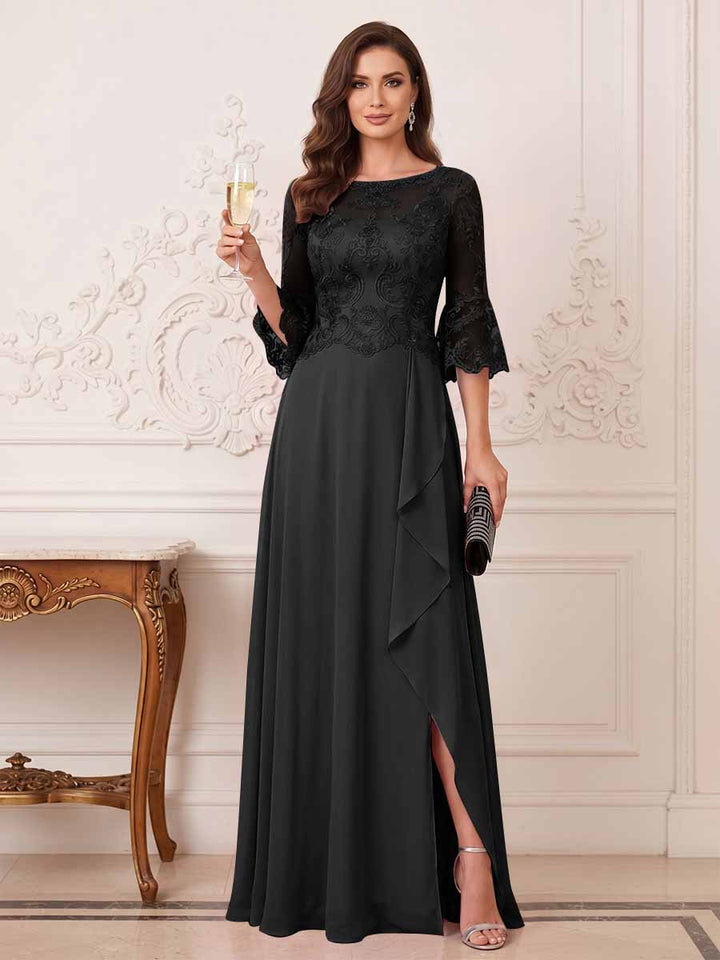 A-Line/Princess Half Sleeves Crew Neck Floor Length Mother of the Bride Dresses with Split Side &amp; Appliques
