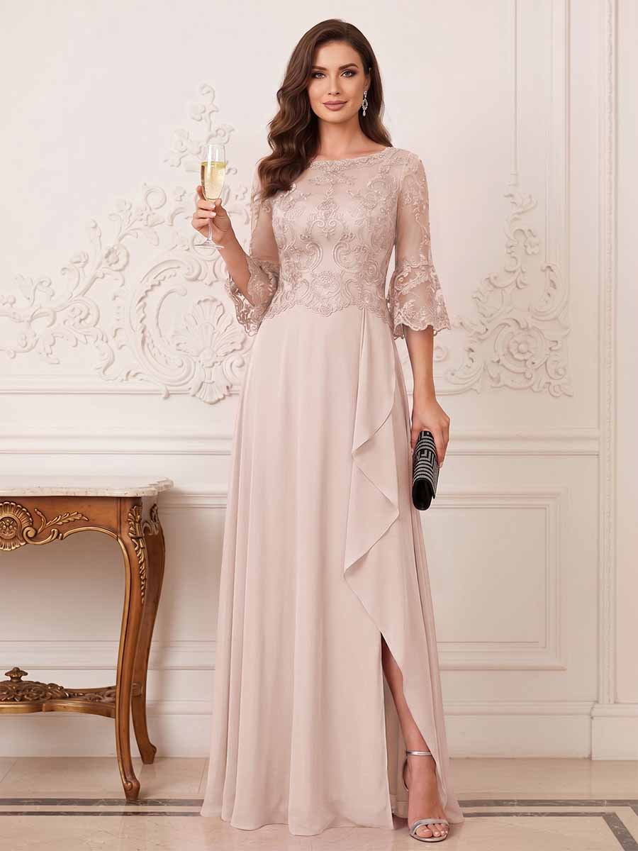 A-Line/Princess Half Sleeves Crew Neck Floor Length Mother of the Bride Dresses with Split Side &amp; Appliques