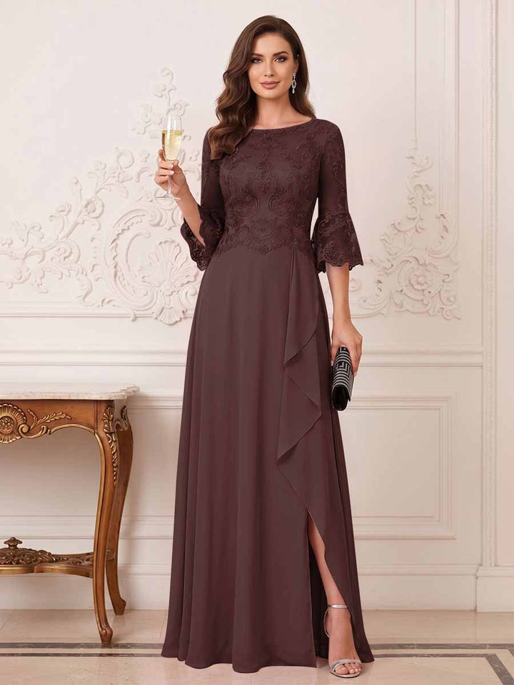 A-Line/Princess Half Sleeves Crew Neck Floor Length Mother of the Bride Dresses with Split Side &amp; Appliques