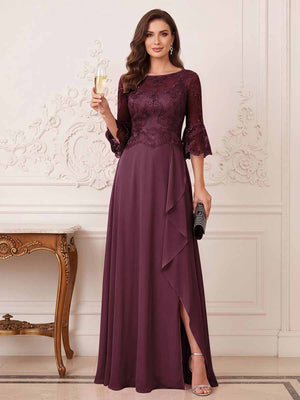 A-Line/Princess Half Sleeves Crew Neck Floor Length Mother of the Bride Dresses with Split Side & Appliques