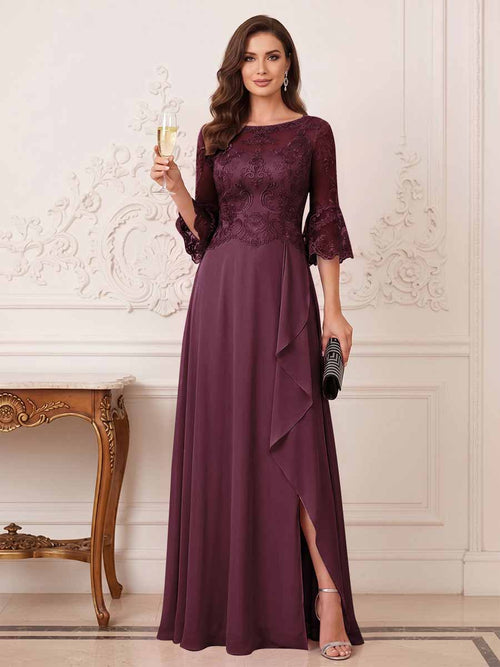A-Line/Princess Half Sleeves Crew Neck Floor Length Mother of the Bride Dresses with Split Side & Appliques