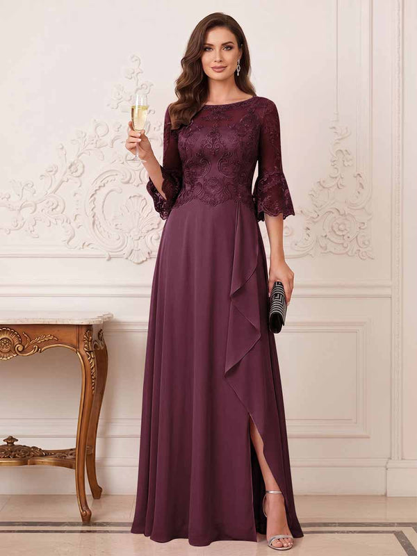A-Line/Princess Half Sleeves Crew Neck Floor Length Mother of the Bride Dresses with Split Side & Appliques