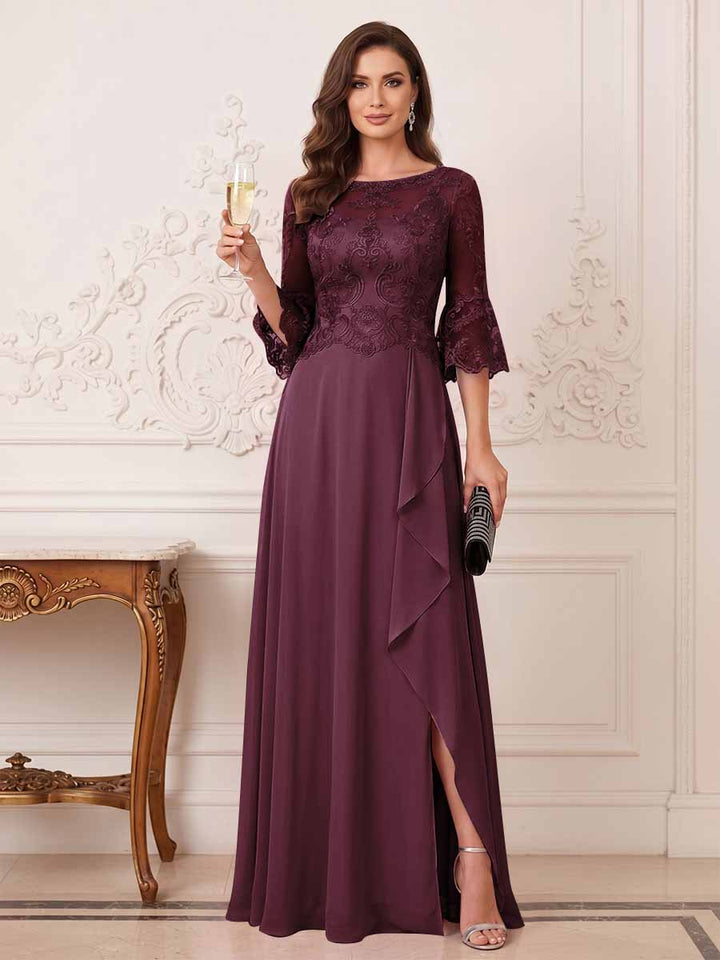 A-Line/Princess Half Sleeves Crew Neck Floor Length Mother of the Bride Dresses with Split Side &amp; Appliques