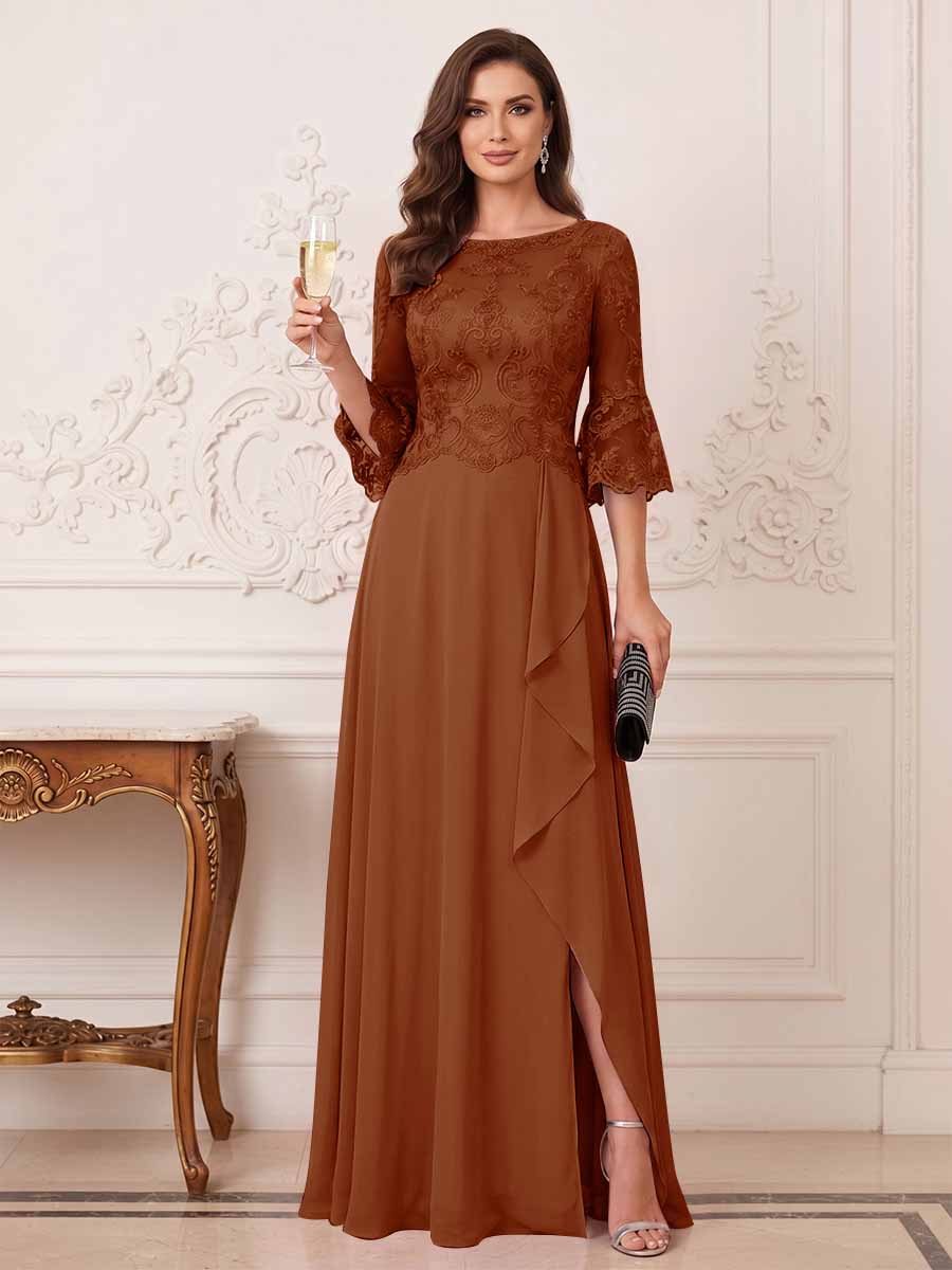 A-Line/Princess Half Sleeves Crew Neck Floor Length Mother of the Bride Dresses with Split Side &amp; Appliques