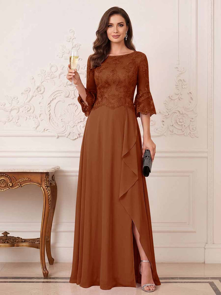 A-Line/Princess Half Sleeves Crew Neck Floor Length Mother of the Bride Dresses with Split Side &amp; Appliques