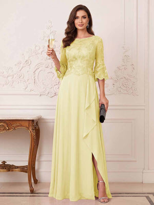 A-Line/Princess Half Sleeves Crew Neck Floor Length Mother of the Bride Dresses with Split Side & Appliques