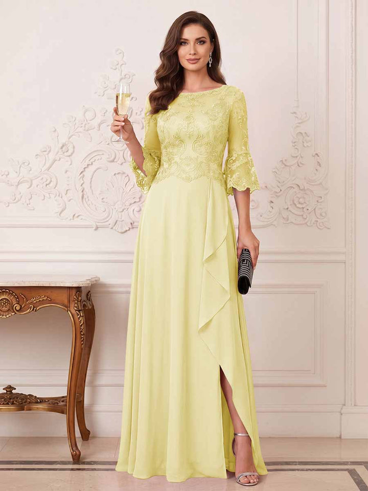 A-Line/Princess Half Sleeves Crew Neck Floor Length Mother of the Bride Dresses with Split Side &amp; Appliques
