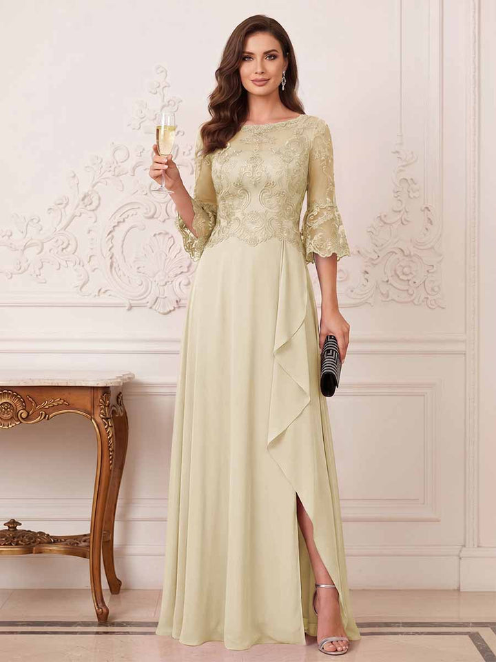 A-Line/Princess Half Sleeves Crew Neck Floor Length Mother of the Bride Dresses with Split Side &amp; Appliques