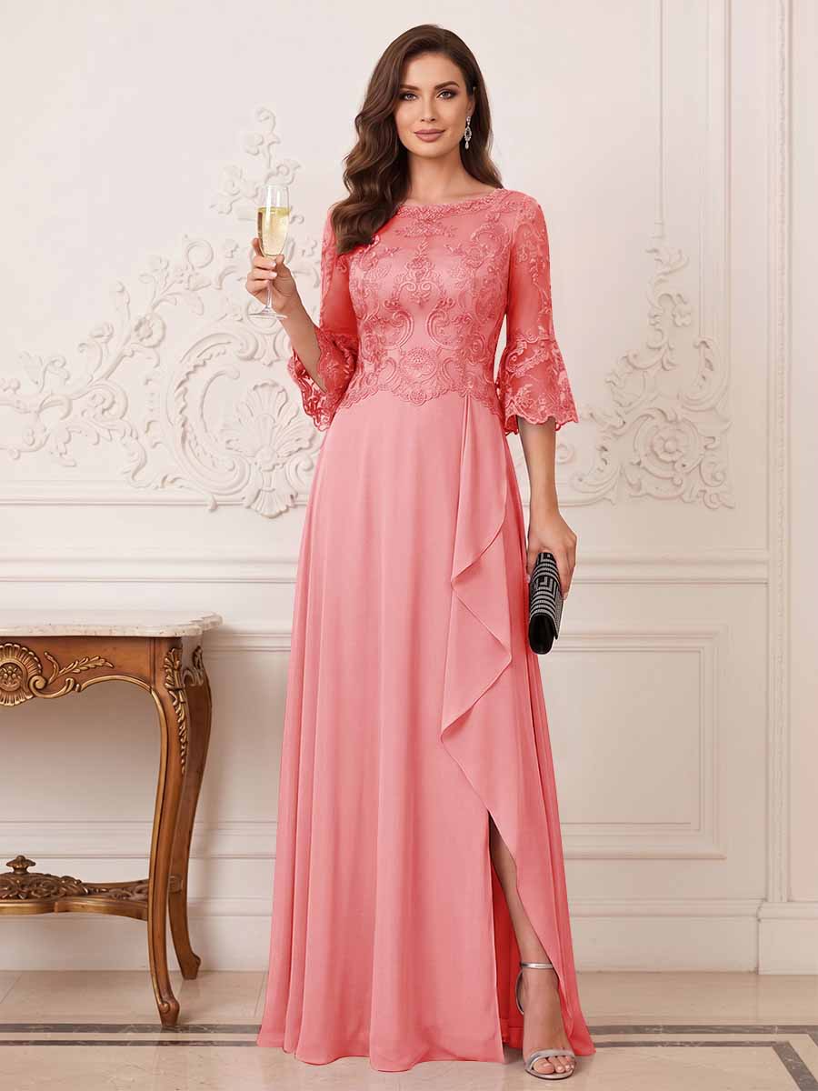 A-Line/Princess Half Sleeves Crew Neck Floor Length Mother of the Bride Dresses with Split Side &amp; Appliques