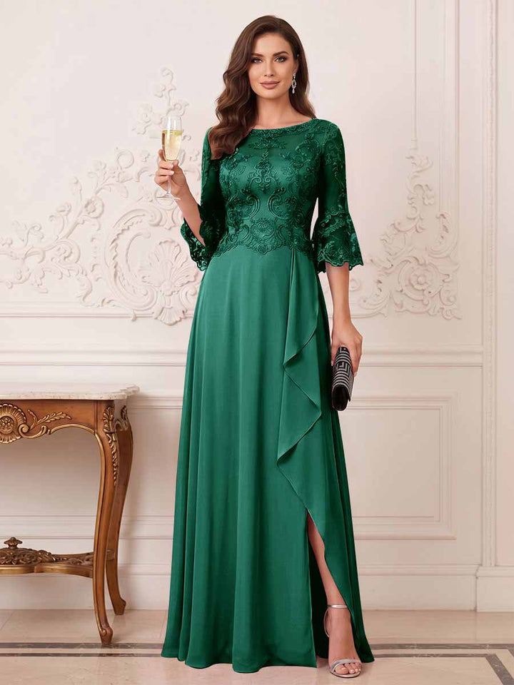 A-Line/Princess Half Sleeves Crew Neck Floor Length Mother of the Bride Dresses with Split Side &amp; Appliques