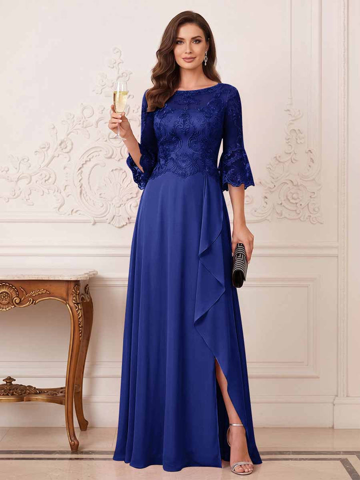 A-Line/Princess Half Sleeves Crew Neck Floor Length Mother of the Bride Dresses with Split Side &amp; Appliques